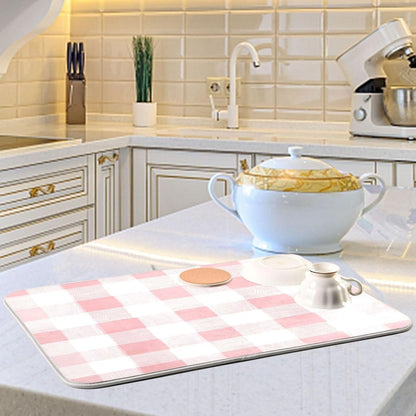 Dish Drying Mat for Kitchen Counter Absorbent Quick Dry Foldable Washable Coffee Bar Mat Dish Drying Pad 16x18in Pinks and White Checkered