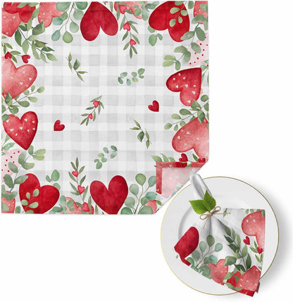 Valentine's Day Cloth Napkins Set of 1 Watercolor Red Pink Dots Love Heart Leaves Light Grey Plaid Soft Washable Square Dinner Napkins for Party Wedding Restaurant Hotel Cocktail 20x20 Inch