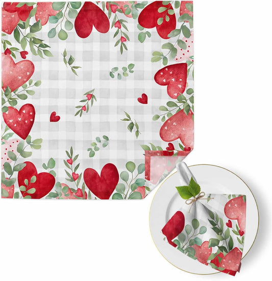 Valentine's Day Cloth Napkins Set of 1 Watercolor Red Pink Dots Love Heart Leaves Light Grey Plaid Soft Washable Square Dinner Napkins for Party Wedding Restaurant Hotel Cocktail 20x20 Inch