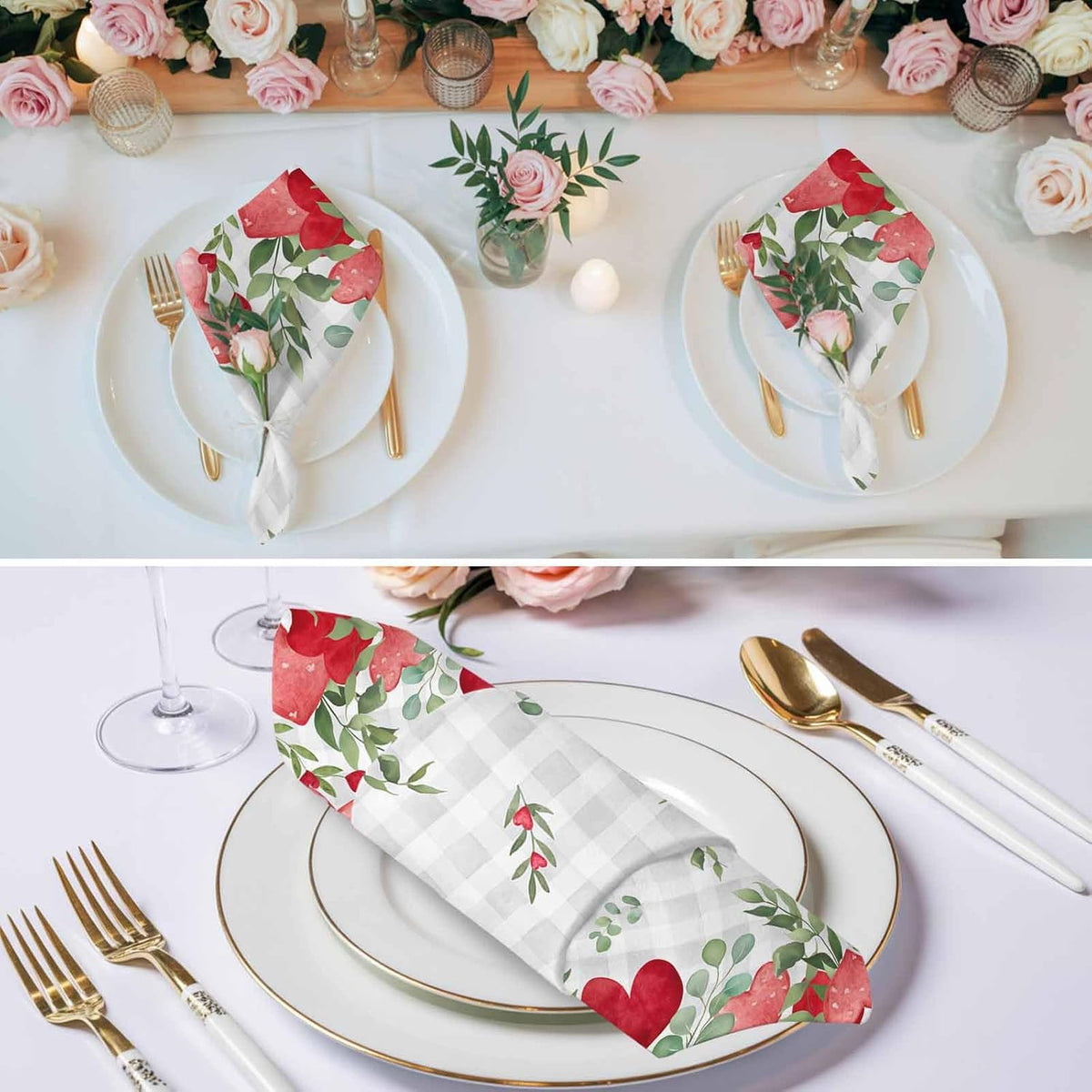 Valentine's Day Cloth Napkins Set of 1 Watercolor Red Pink Dots Love Heart Leaves Light Grey Plaid Soft Washable Square Dinner Napkins for Party Wedding Restaurant Hotel Cocktail 20x20 Inch