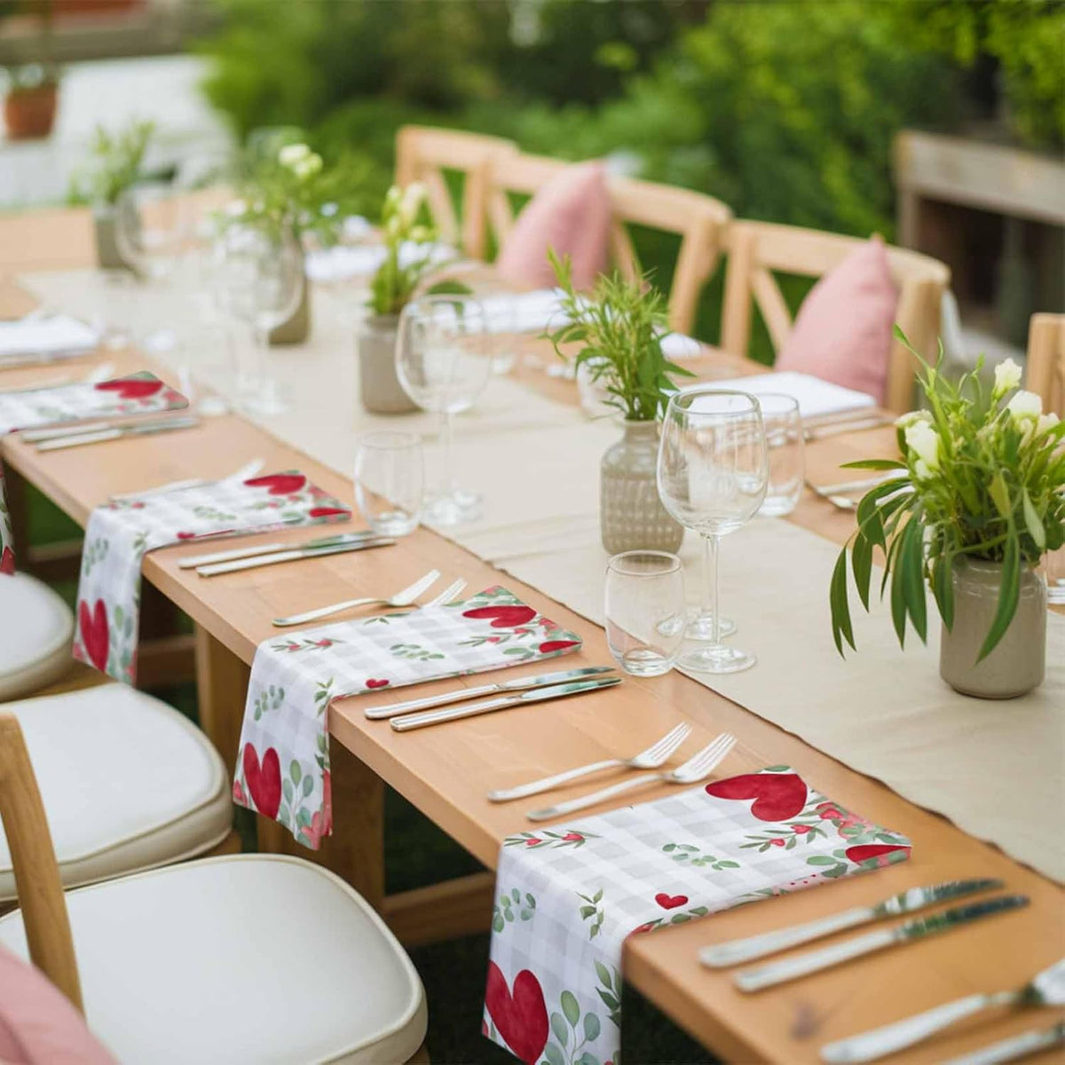 Valentine's Day Cloth Napkins Set of 1 Watercolor Red Pink Dots Love Heart Leaves Light Grey Plaid Soft Washable Square Dinner Napkins for Party Wedding Restaurant Hotel Cocktail 20x20 Inch