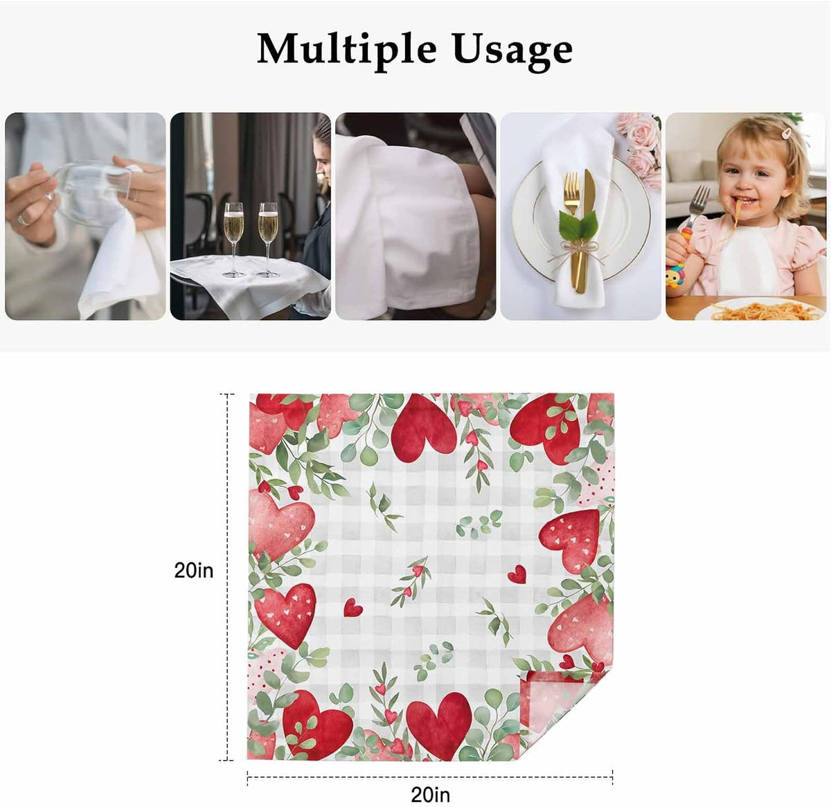 Valentine's Day Cloth Napkins Set of 1 Watercolor Red Pink Dots Love Heart Leaves Light Grey Plaid Soft Washable Square Dinner Napkins for Party Wedding Restaurant Hotel Cocktail 20x20 Inch