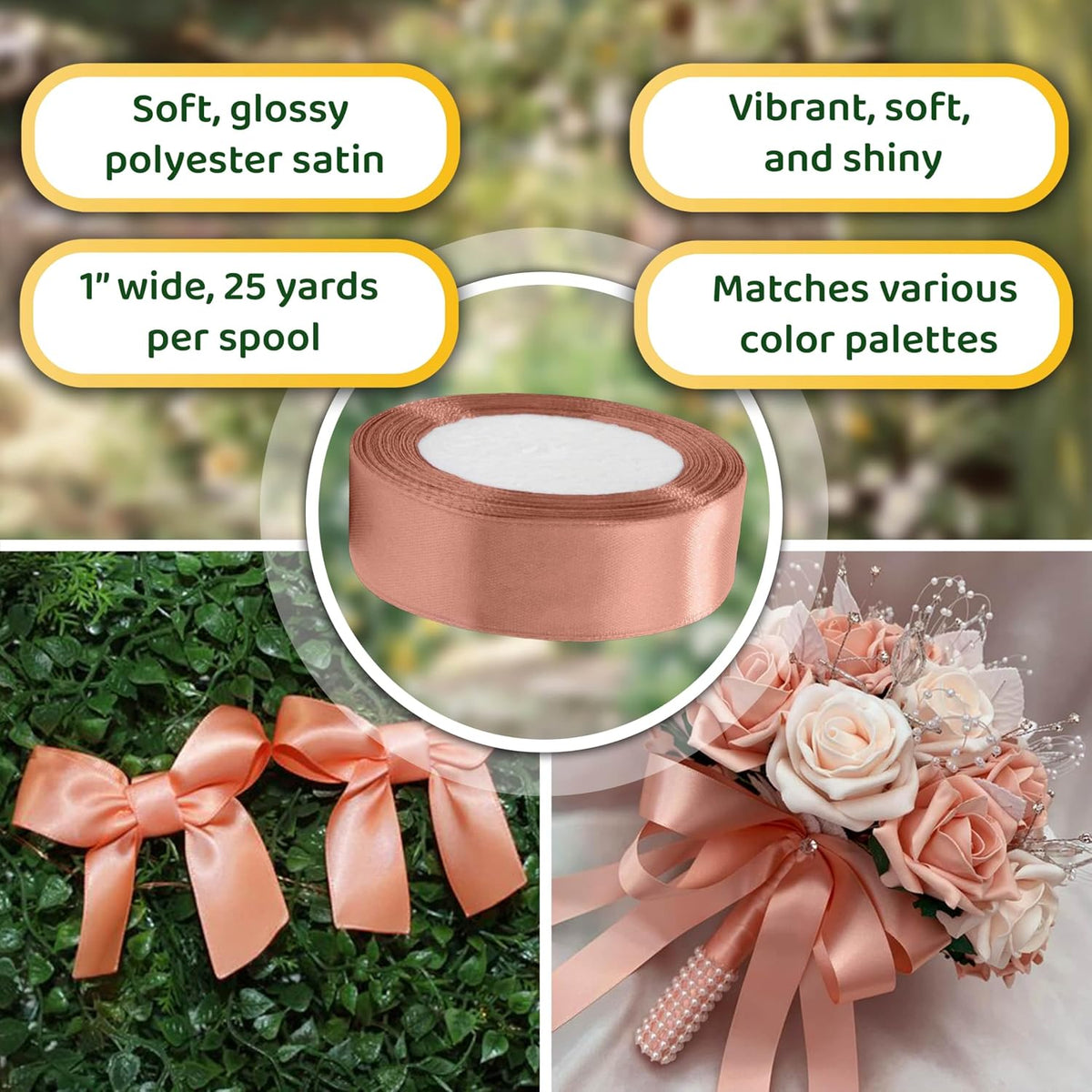 Light Peach Satin Ribbon 1 inch Double Faced Ribbon Peach Satin Solid 25 Yards Roll for Gift Wrapping Hair Bows Summer Wreath Halloween Wedding Party Decoration Garland Handmade Crafting Sewing DIY