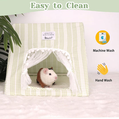Guinea Pig Hideout Large with Curtain, Bunny Hideout, Machine Washable Guinea Pig Hide Tent Houses & Habitats, Small Animal Hideout for Pet Rabbit, Ferret, Rat, Chinchilla, Squirrel (Grid, Large)