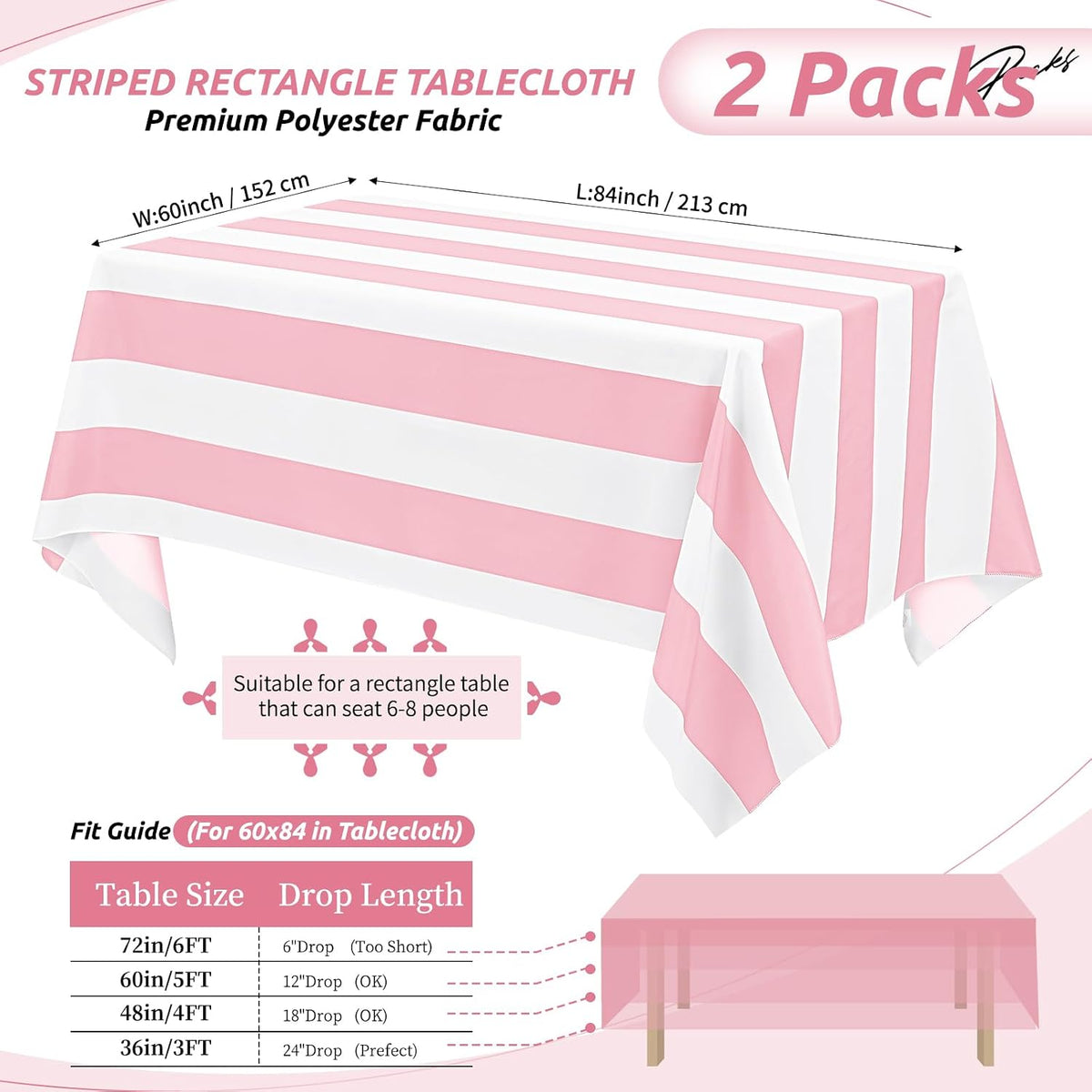 Striped Tablecloth,Pink and White Table Cloth,2 Pcs 60x84 Inch