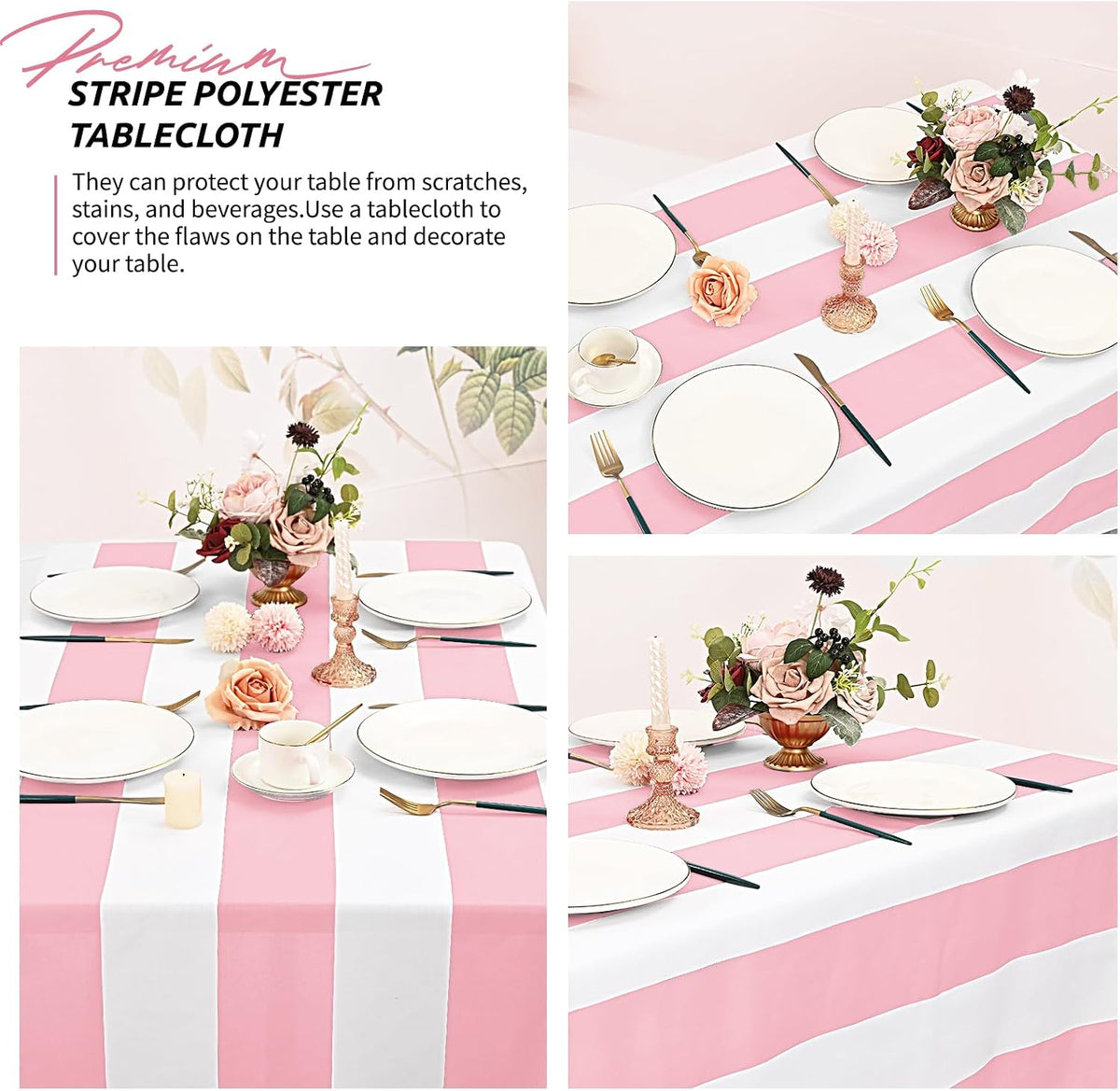 Striped Tablecloth,Pink and White Table Cloth,2 Pcs 60x84 Inch