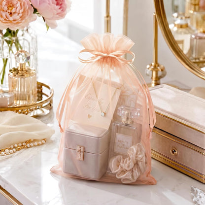 100PCS Peach Champagne Sheer Organza Bags 5x7 in, Goodie Bags Bulk