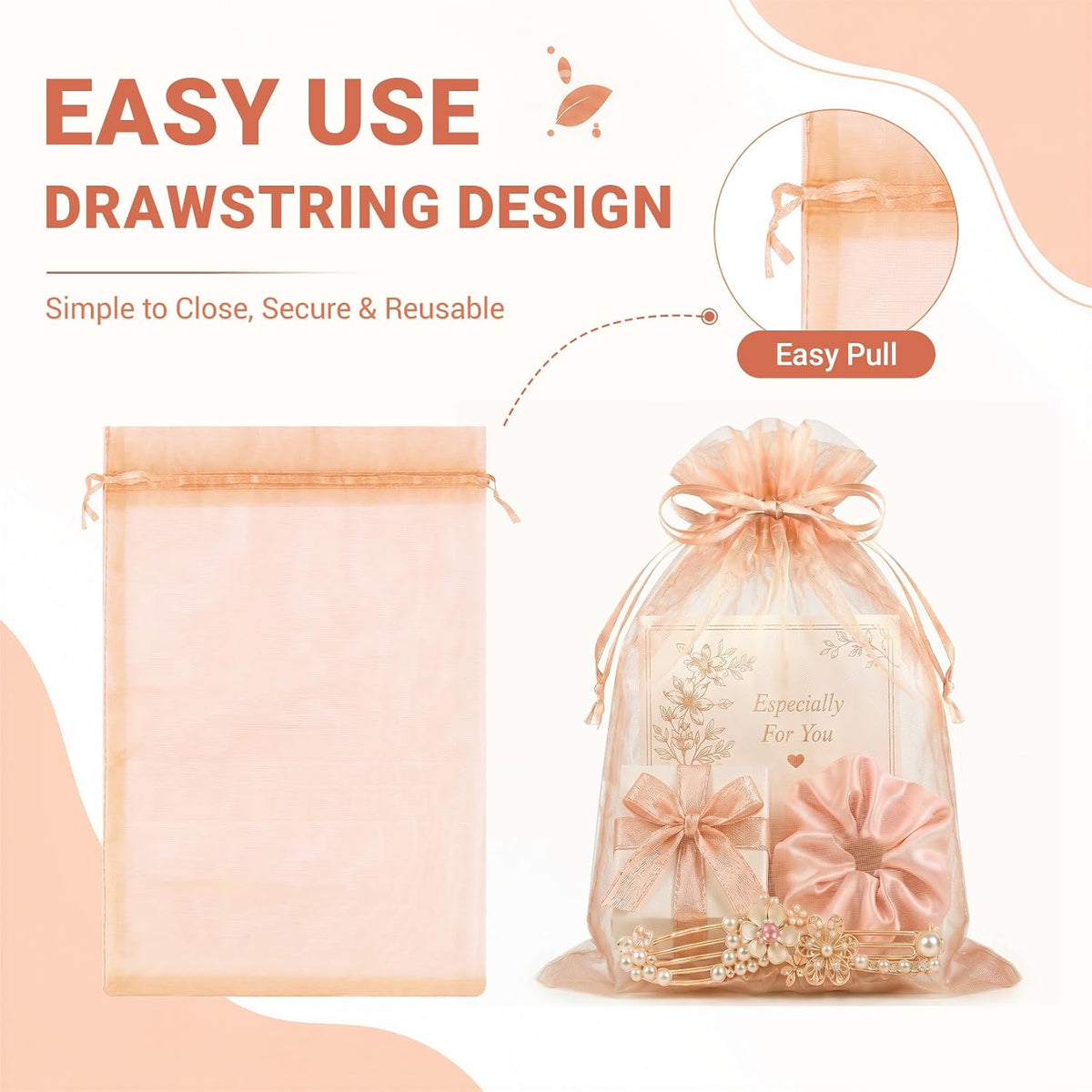 100PCS Peach Champagne Sheer Organza Bags 5x7 in, Goodie Bags Bulk