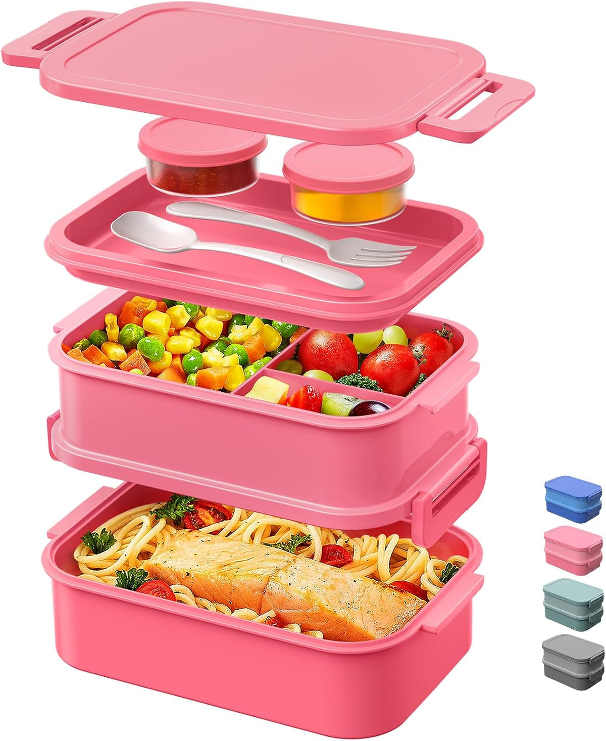 Adults Bento Box Lunch Box - Stackable All-in-One Leakproof Bento Lunch Box for Adults Women Girls 74 OZ Large Lunch Containers with Fork Spoon Sauce Boxes for Work School Dining Out, Pink