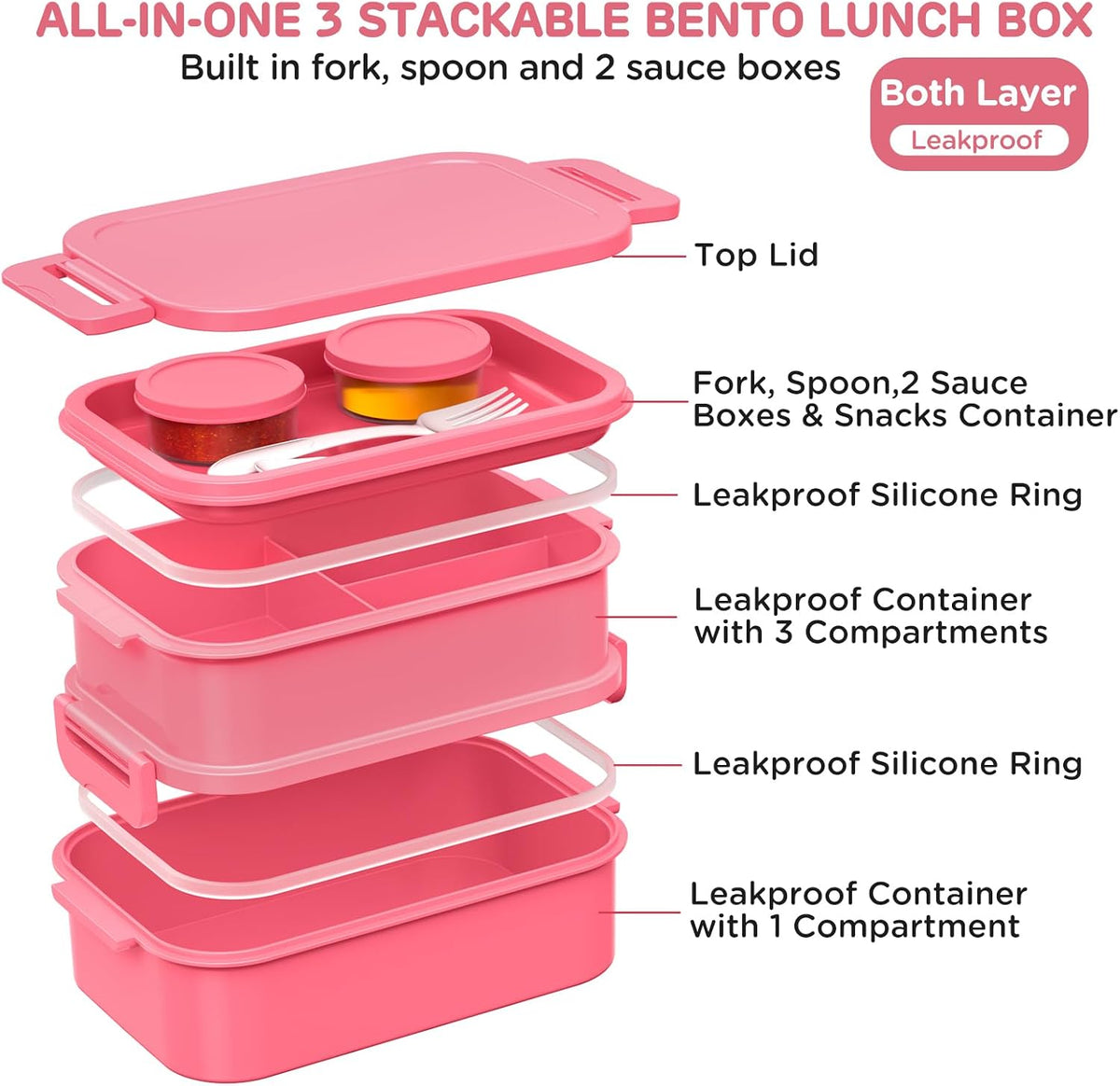 Adults Bento Box Lunch Box - Stackable All-in-One Leakproof Bento Lunch Box for Adults Women Girls 74 OZ Large Lunch Containers with Fork Spoon Sauce Boxes for Work School Dining Out, Pink