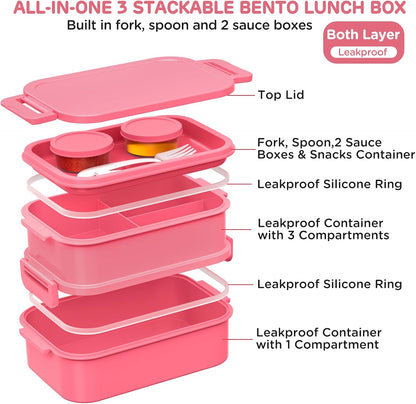 Adults Bento Box Lunch Box - Stackable All-in-One Leakproof Bento Lunch Box for Adults Women Girls 74 OZ Large Lunch Containers with Fork Spoon Sauce Boxes for Work School Dining Out, Pink