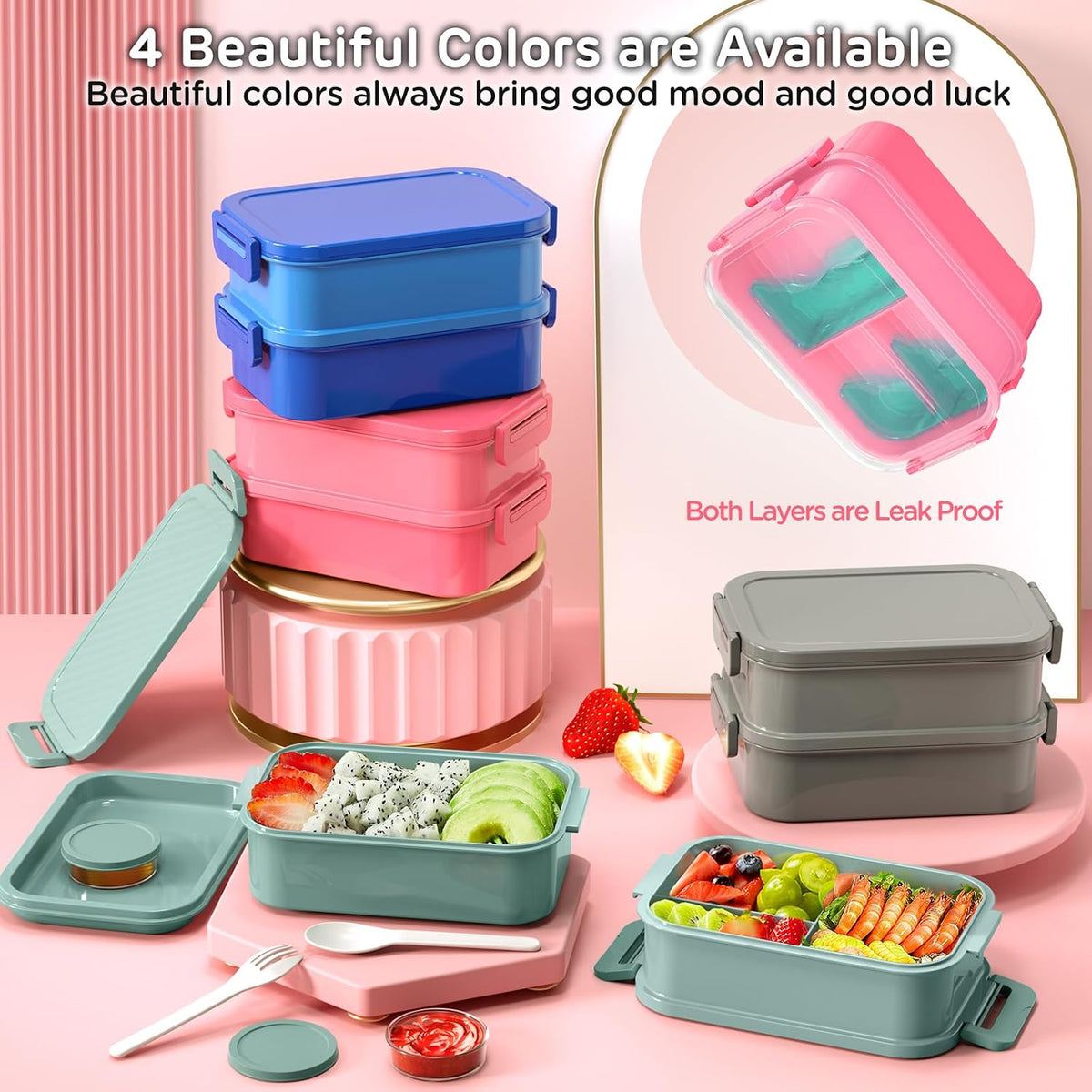 Adults Bento Box Lunch Box - Stackable All-in-One Leakproof Bento Lunch Box for Adults Women Girls 74 OZ Large Lunch Containers with Fork Spoon Sauce Boxes for Work School Dining Out, Pink