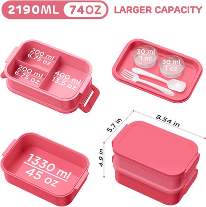 Adults Bento Box Lunch Box - Stackable All-in-One Leakproof Bento Lunch Box for Adults Women Girls 74 OZ Large Lunch Containers with Fork Spoon Sauce Boxes for Work School Dining Out, Pink