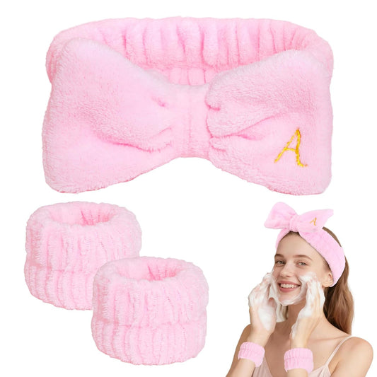Wecoe Spa Headband & Wristband Set – Embroided Letter A Face Washing Makeup Hair Accessories, Trendy Gifts for Women & Girls, Bridesmaids & Bachelorette Parties, Self Care Essentials(Pink)