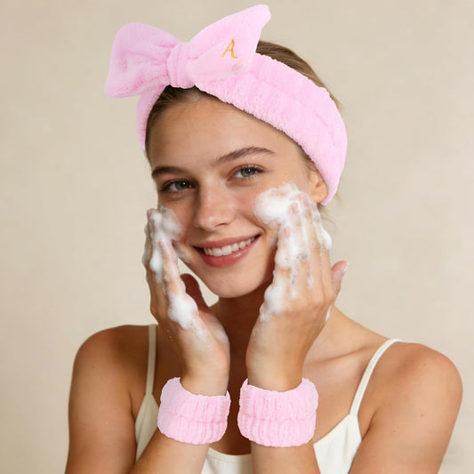 Wecoe Spa Headband & Wristband Set – Embroided Letter A Face Washing Makeup Hair Accessories, Trendy Gifts for Women & Girls, Bridesmaids & Bachelorette Parties, Self Care Essentials(Pink)