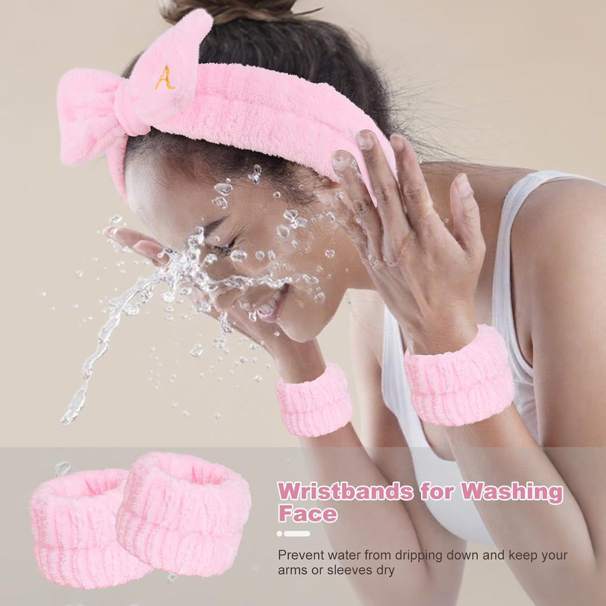 Wecoe Spa Headband & Wristband Set – Embroided Letter A Face Washing Makeup Hair Accessories, Trendy Gifts for Women & Girls, Bridesmaids & Bachelorette Parties, Self Care Essentials(Pink)