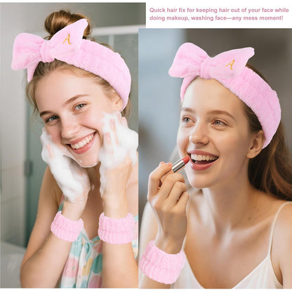 Wecoe Spa Headband & Wristband Set – Embroided Letter A Face Washing Makeup Hair Accessories, Trendy Gifts for Women & Girls, Bridesmaids & Bachelorette Parties, Self Care Essentials(Pink)