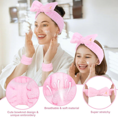 Wecoe Spa Headband & Wristband Set – Embroided Letter A Face Washing Makeup Hair Accessories, Trendy Gifts for Women & Girls, Bridesmaids & Bachelorette Parties, Self Care Essentials(Pink)