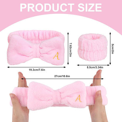 Wecoe Spa Headband & Wristband Set – Embroided Letter A Face Washing Makeup Hair Accessories, Trendy Gifts for Women & Girls, Bridesmaids & Bachelorette Parties, Self Care Essentials(Pink)
