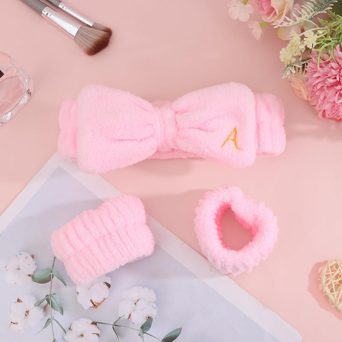 Wecoe Spa Headband & Wristband Set – Embroided Letter A Face Washing Makeup Hair Accessories, Trendy Gifts for Women & Girls, Bridesmaids & Bachelorette Parties, Self Care Essentials(Pink)