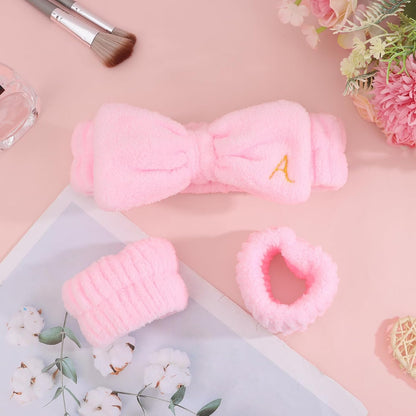 Wecoe Spa Headband & Wristband Set – Embroided Letter A Face Washing Makeup Hair Accessories, Trendy Gifts for Women & Girls, Bridesmaids & Bachelorette Parties, Self Care Essentials(Pink)