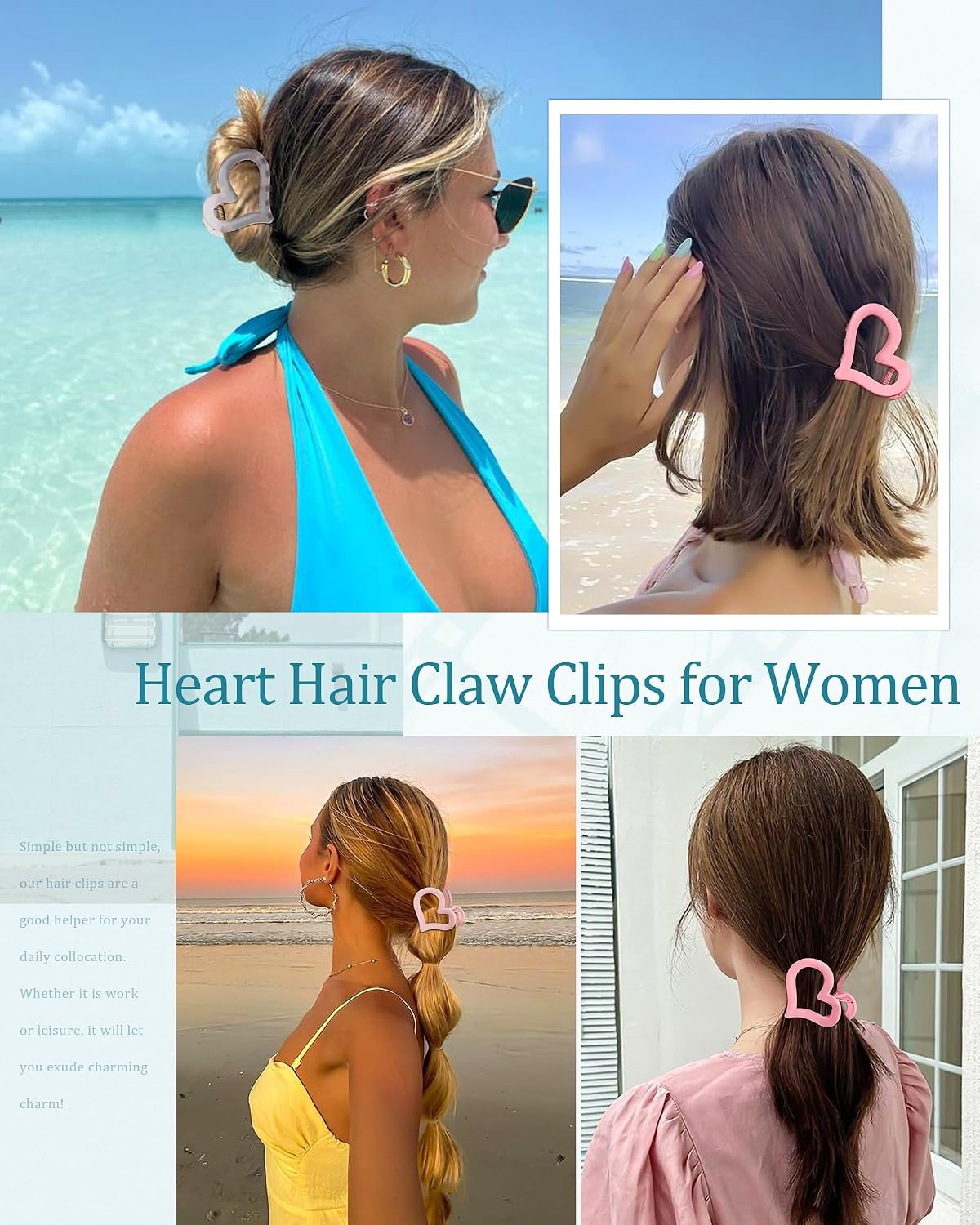 6 Pcs Heart Nonslip Hair Jaw Clips - Cute Hair Styling Accessories for Women's Thin or Thick Hair (Pink)