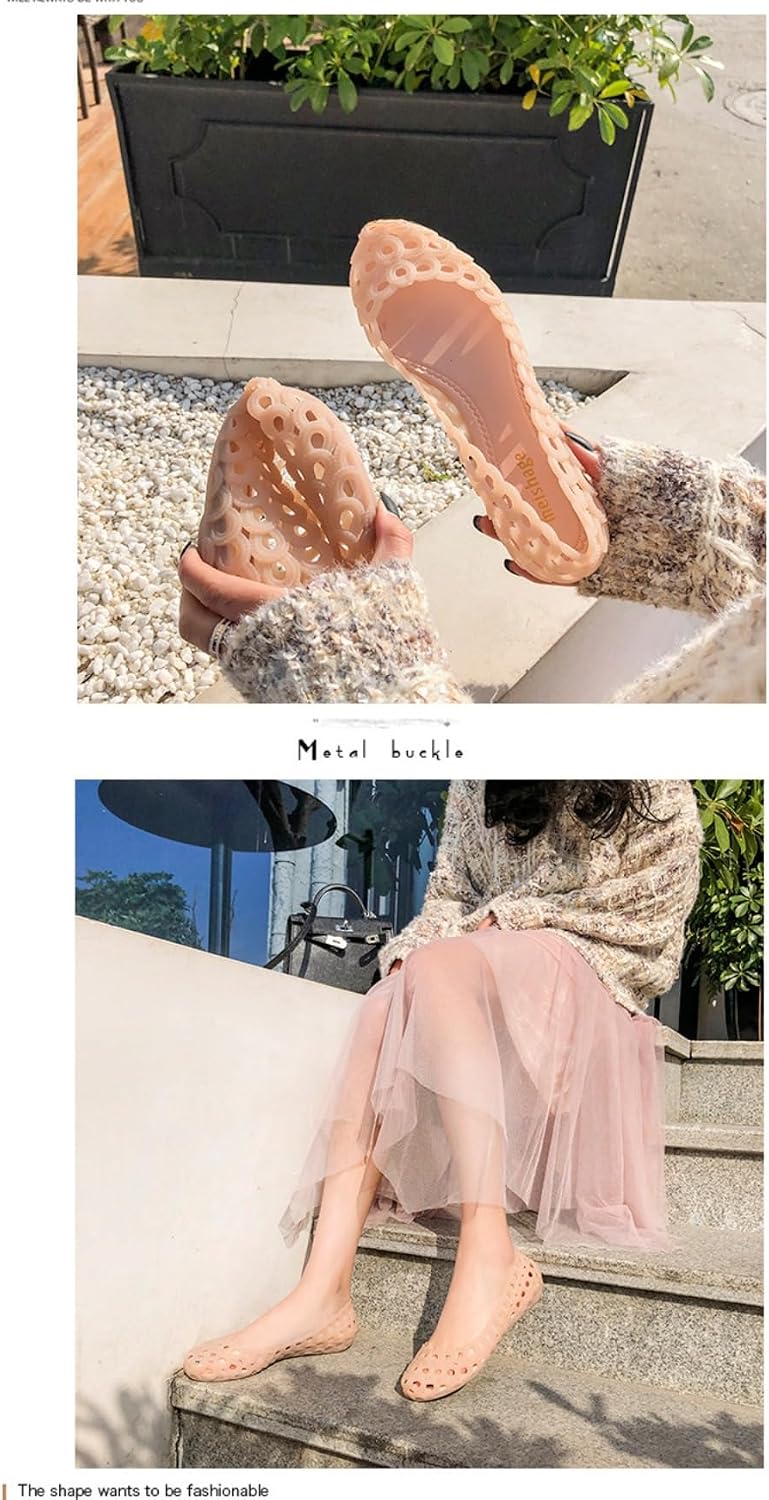 Jelly Mesh Ballet Flats for Women Clear Jelly Sandals Hollow Water Slides Slip on House Slippers Wide Loafers Lightweight Breathable No Slip Dressy Ballerina Shoes Summer Cruise Vacation Beach Party