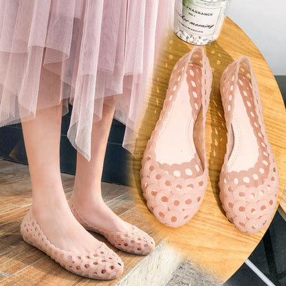 Jelly Mesh Ballet Flats for Women Clear Jelly Sandals Hollow Water Slides Slip on House Slippers Wide Loafers Lightweight Breathable No Slip Dressy Ballerina Shoes Summer Cruise Vacation Beach Party