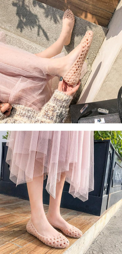Jelly Mesh Ballet Flats for Women Clear Jelly Sandals Hollow Water Slides Slip on House Slippers Wide Loafers Lightweight Breathable No Slip Dressy Ballerina Shoes Summer Cruise Vacation Beach Party