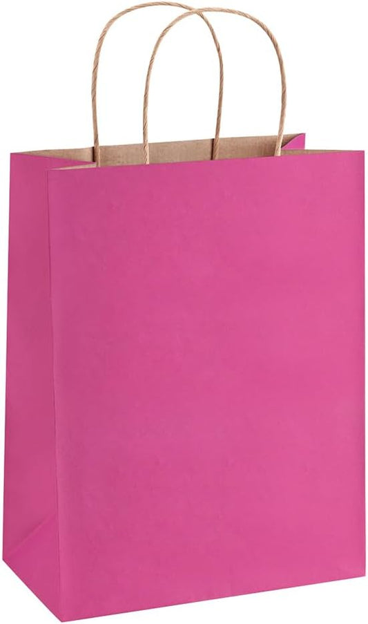 Hot Pink Gift Bags 8x4.25x10.5 100Pcs Kraft Paper Gift Bags with Handles Medium Bulk, for Shopping Party Favor, Retail Merchandise Grocery Paper Sacks
