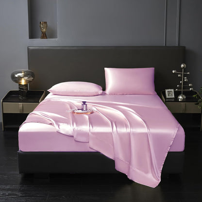 4 Pcs Queen Size Luxury Silky Soft Pink Satin Sheet Set,1 Premium Moisture Wicking Fitted Sheet Fits Up to 16 Inches Deep Pocket + 1 Flat Sheet + 2 Pillowcases（Pink, Queen）