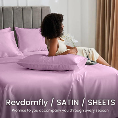 4 Pcs Queen Size Luxury Silky Soft Pink Satin Sheet Set,1 Premium Moisture Wicking Fitted Sheet Fits Up to 16 Inches Deep Pocket + 1 Flat Sheet + 2 Pillowcases（Pink, Queen）