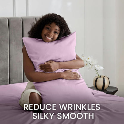 4 Pcs Queen Size Luxury Silky Soft Pink Satin Sheet Set,1 Premium Moisture Wicking Fitted Sheet Fits Up to 16 Inches Deep Pocket + 1 Flat Sheet + 2 Pillowcases（Pink, Queen）