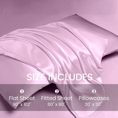 4 Pcs Queen Size Luxury Silky Soft Pink Satin Sheet Set,1 Premium Moisture Wicking Fitted Sheet Fits Up to 16 Inches Deep Pocket + 1 Flat Sheet + 2 Pillowcases（Pink, Queen）