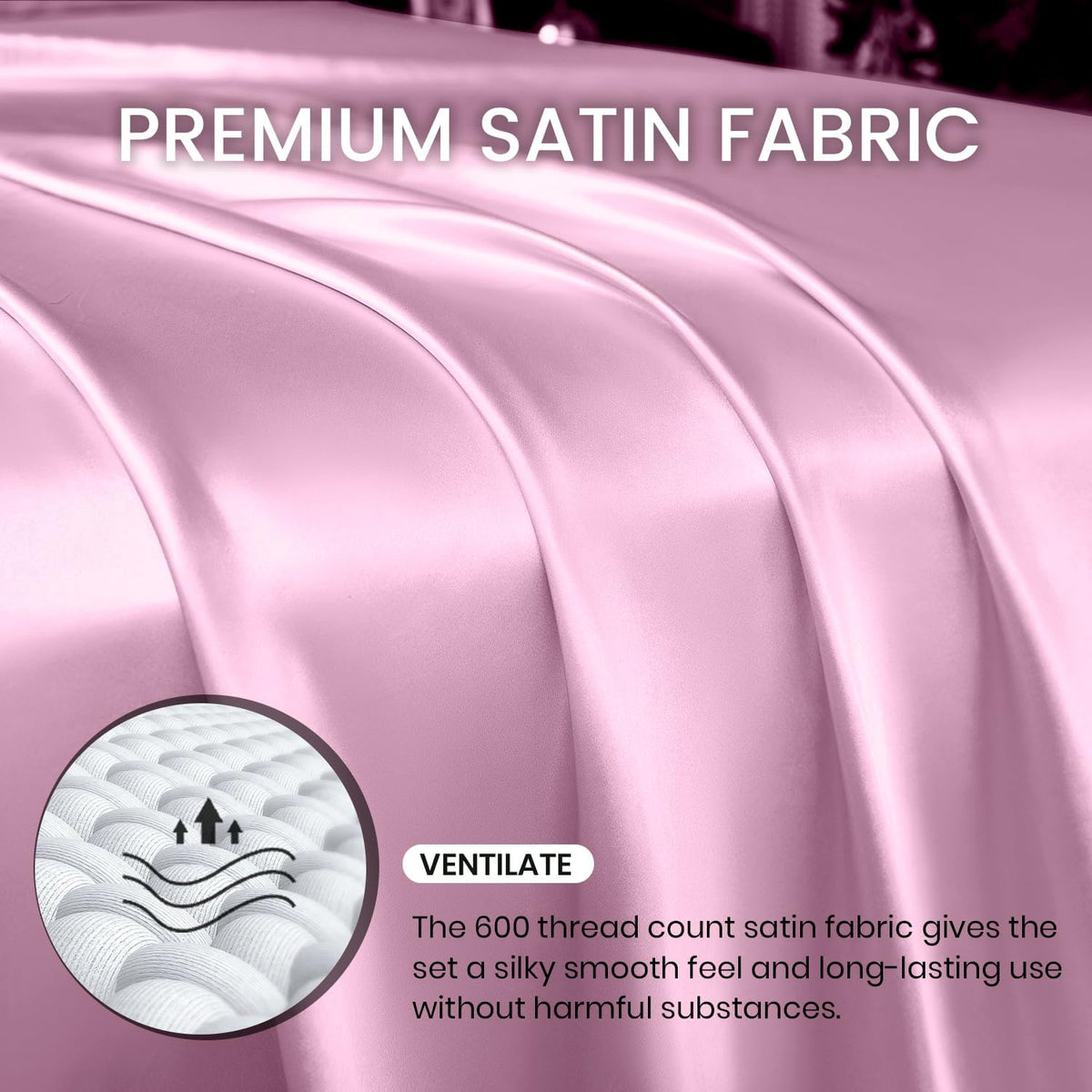 4 Pcs Queen Size Luxury Silky Soft Pink Satin Sheet Set,1 Premium Moisture Wicking Fitted Sheet Fits Up to 16 Inches Deep Pocket + 1 Flat Sheet + 2 Pillowcases（Pink, Queen）