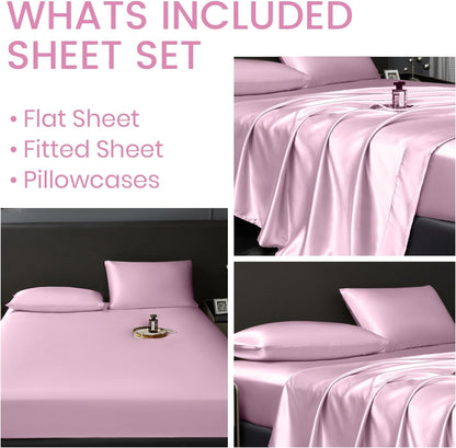 4 Pcs Queen Size Luxury Silky Soft Pink Satin Sheet Set,1 Premium Moisture Wicking Fitted Sheet Fits Up to 16 Inches Deep Pocket + 1 Flat Sheet + 2 Pillowcases（Pink, Queen）