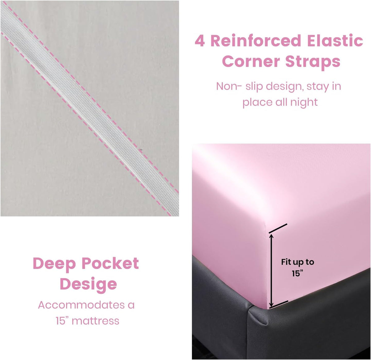4 Pcs Queen Size Luxury Silky Soft Pink Satin Sheet Set,1 Premium Moisture Wicking Fitted Sheet Fits Up to 16 Inches Deep Pocket + 1 Flat Sheet + 2 Pillowcases（Pink, Queen）
