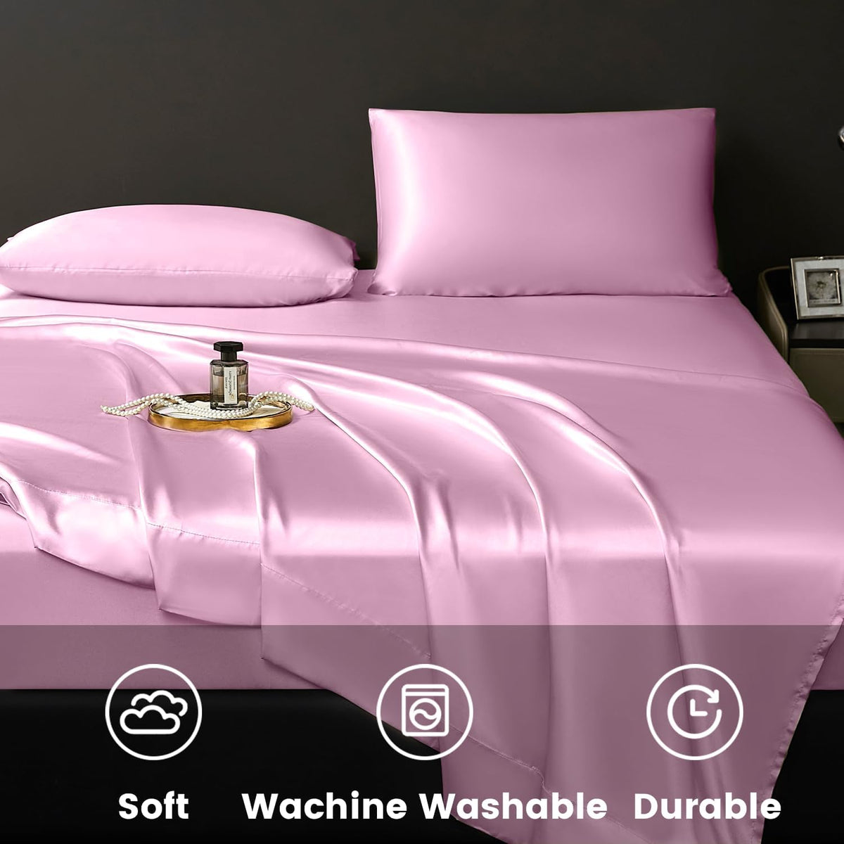 4 Pcs Queen Size Luxury Silky Soft Pink Satin Sheet Set,1 Premium Moisture Wicking Fitted Sheet Fits Up to 16 Inches Deep Pocket + 1 Flat Sheet + 2 Pillowcases（Pink, Queen）