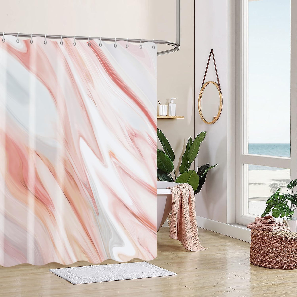 Pink Marble Shower Curtain, Peach Pink Modern Abstract Wave Luxury Bathroom Curtain Bathtub Home Decor Waterproof Fabric Machine Washable with 6PCS Hooks,36" Wx72 L