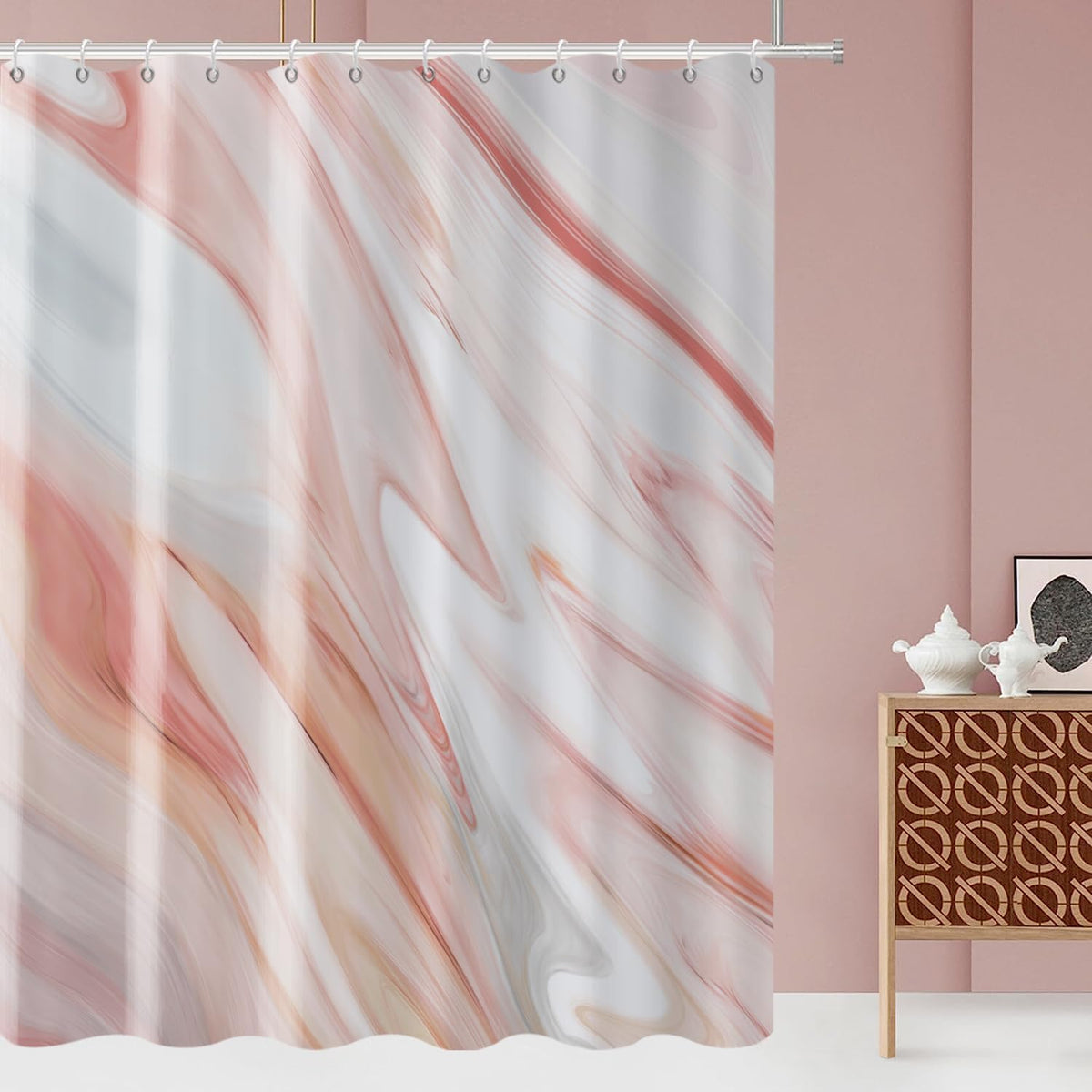 Pink Marble Shower Curtain, Peach Pink Modern Abstract Wave Luxury Bathroom Curtain Bathtub Home Decor Waterproof Fabric Machine Washable with 6PCS Hooks,36" Wx72 L