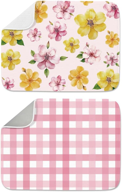 2pcs Pink Flower Dish Drying Mat for Kitchen Counter 18"X24" Buffalo Plaid Absorbent Dish Draining Mat Printed Large Heat Resistant Coffee Mats for Table Faucet Sink Coffee Bar Refrigerator