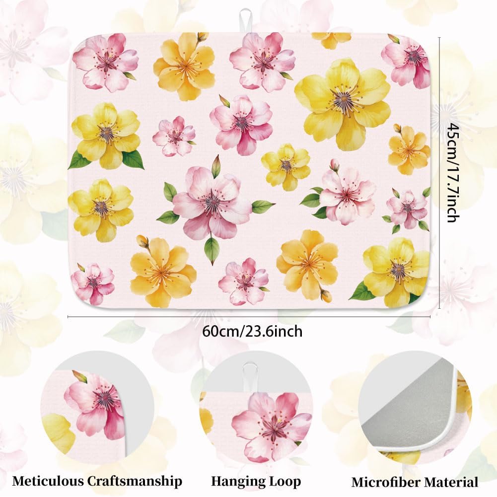 2pcs Pink Flower Dish Drying Mat for Kitchen Counter 18"X24" Buffalo Plaid Absorbent Dish Draining Mat Printed Large Heat Resistant Coffee Mats for Table Faucet Sink Coffee Bar Refrigerator