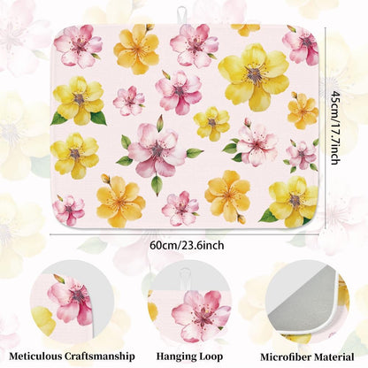 2pcs Pink Flower Dish Drying Mat for Kitchen Counter 18"X24" Buffalo Plaid Absorbent Dish Draining Mat Printed Large Heat Resistant Coffee Mats for Table Faucet Sink Coffee Bar Refrigerator