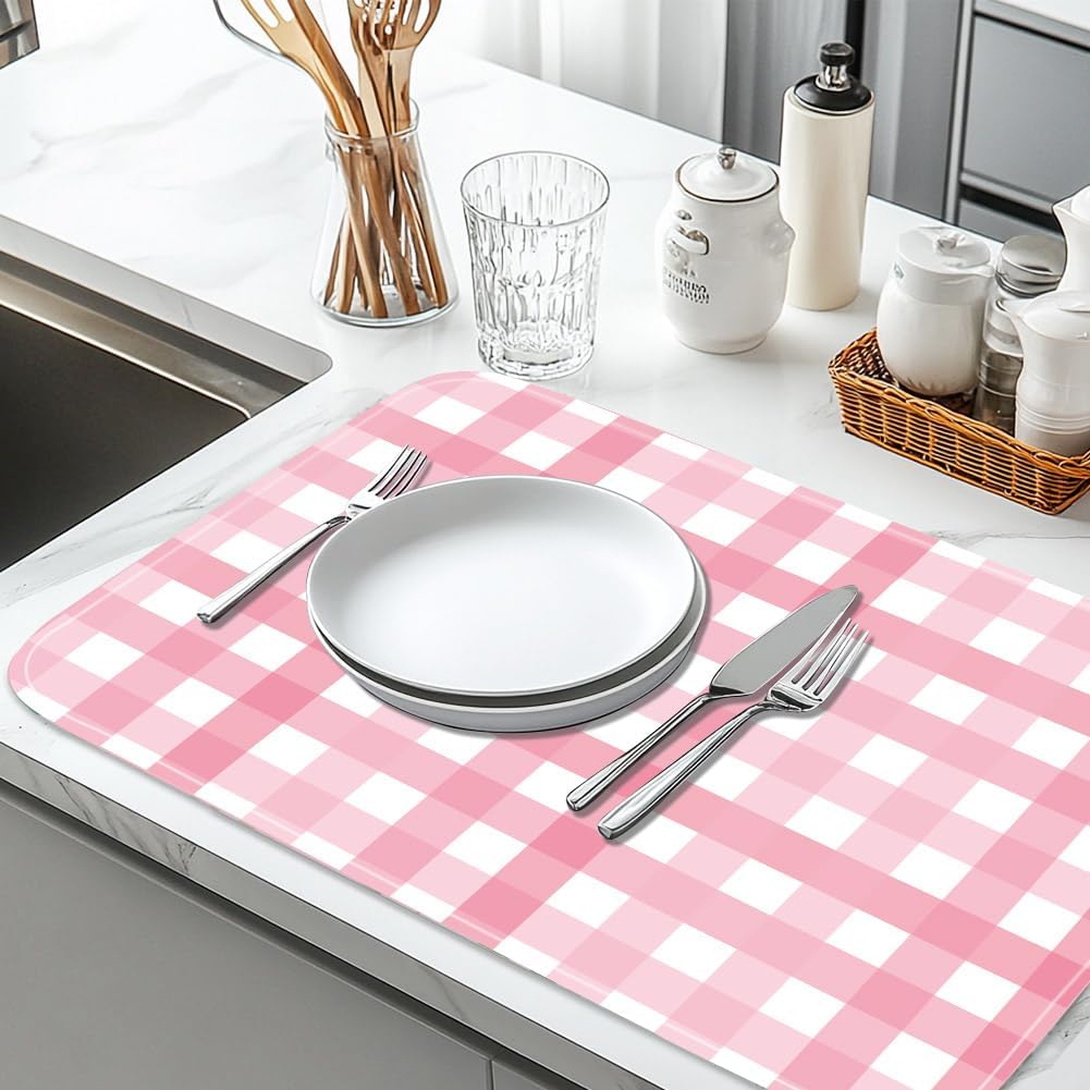 2pcs Pink Flower Dish Drying Mat for Kitchen Counter 18"X24" Buffalo Plaid Absorbent Dish Draining Mat Printed Large Heat Resistant Coffee Mats for Table Faucet Sink Coffee Bar Refrigerator