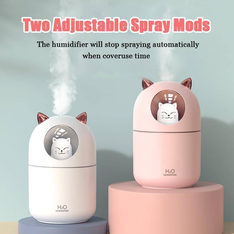 Portable Small Humidifier, 300ml Mini Cool Mist Humidifier with Night Light, USB Personal Humidifier Auto Shut-Off, Ultra-Quiet, 2 Spray Modes, Suitable for Home Office Travel (Light Pink)