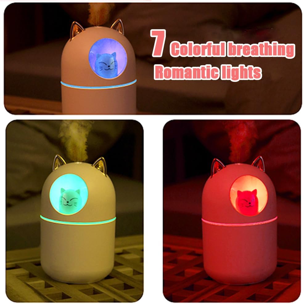 Portable Small Humidifier, 300ml Mini Cool Mist Humidifier with Night Light, USB Personal Humidifier Auto Shut-Off, Ultra-Quiet, 2 Spray Modes, Suitable for Home Office Travel (Light Pink)