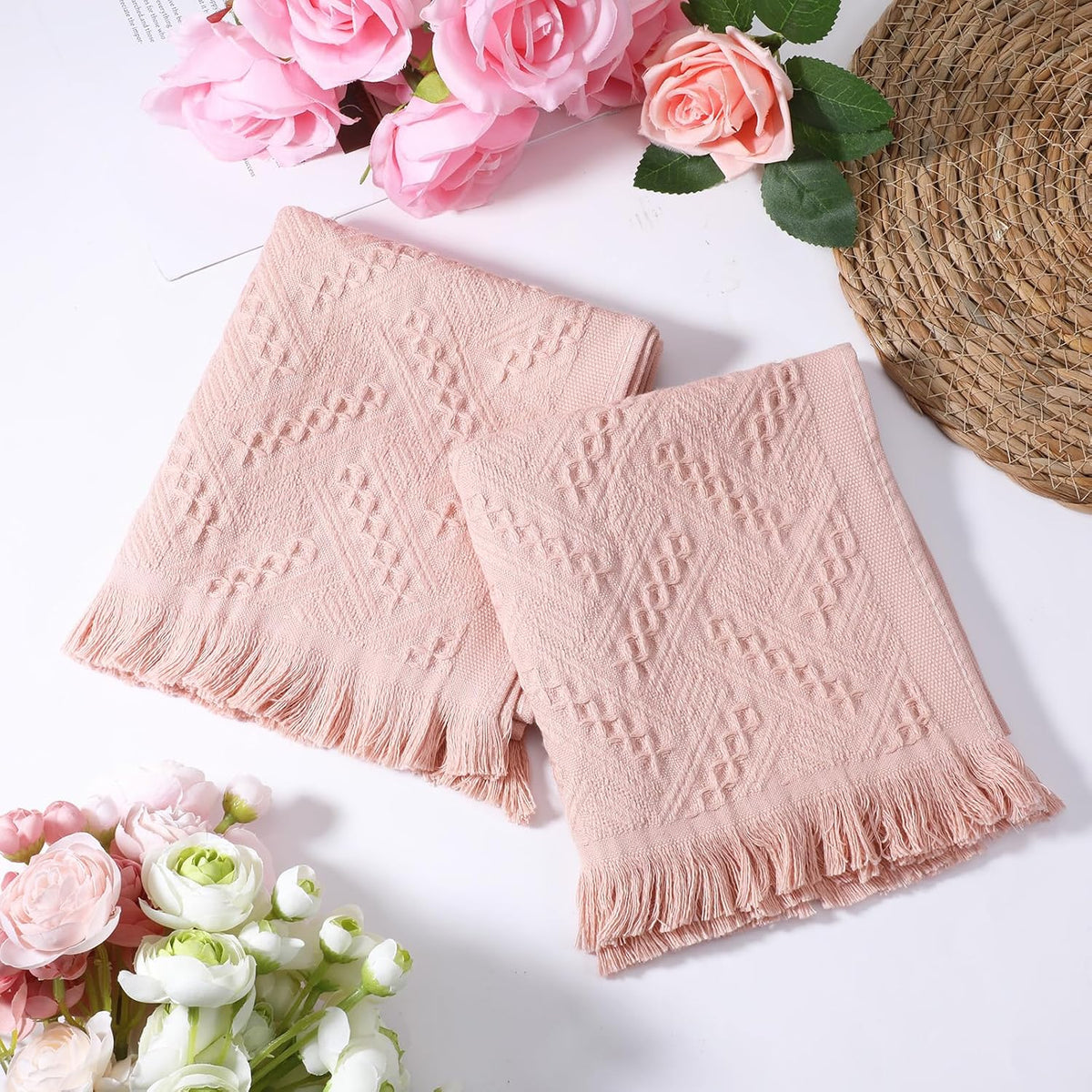 2 Pcs Pink Bathroom Hand Towels, 29 X 13 Inch Soft Cotton Light Pink Decorative Towels, Cute Boho Blush Pinks Face Towel for Bathroom, Hotel, Spa Decorative Cleaning Towel