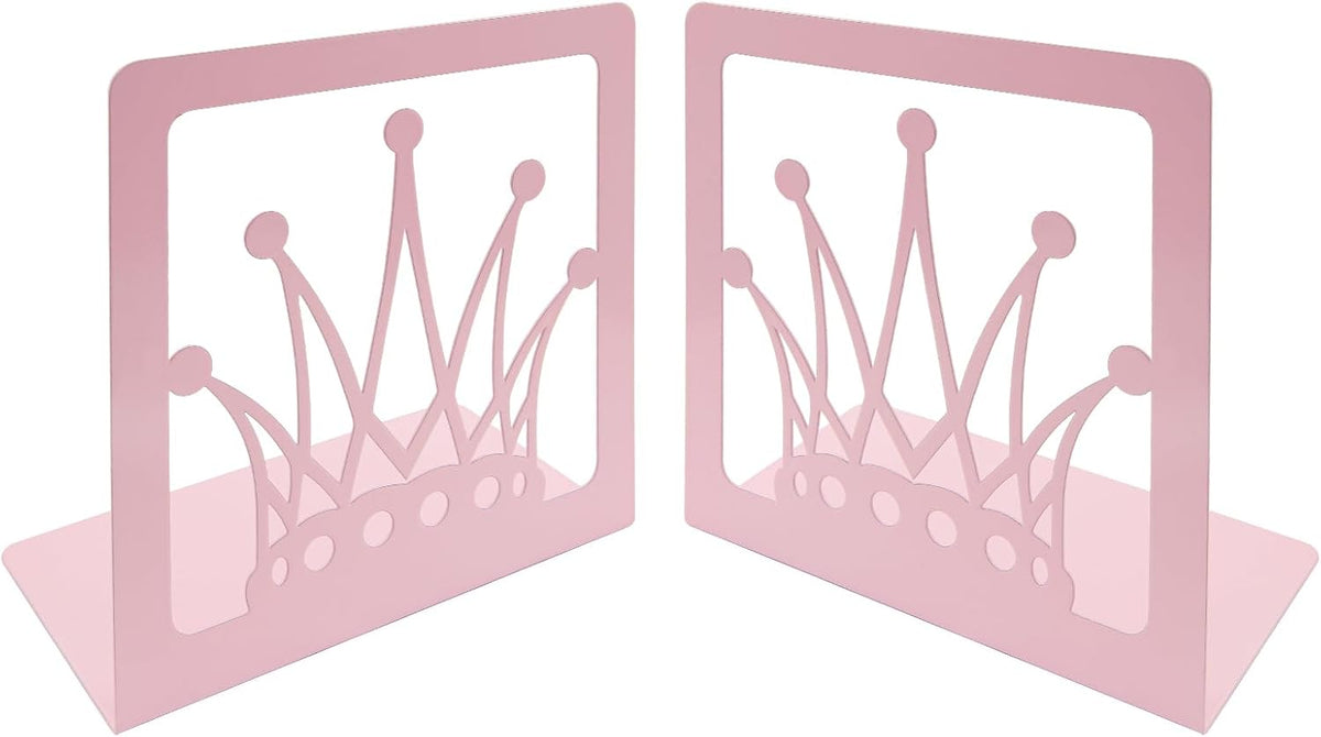 Pink Crown Bookends Metal Book Ends Decorative Bookends for Shelves,Princess Style Book Holder Journal Book Organizer CD Holder Office Bookends for Back to School Student Birthday Kids Girl Mom Gift