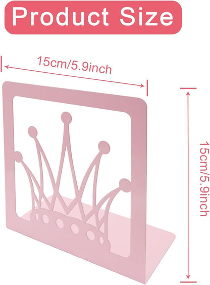 Pink Crown Bookends Metal Book Ends Decorative Bookends for Shelves,Princess Style Book Holder Journal Book Organizer CD Holder Office Bookends for Back to School Student Birthday Kids Girl Mom Gift