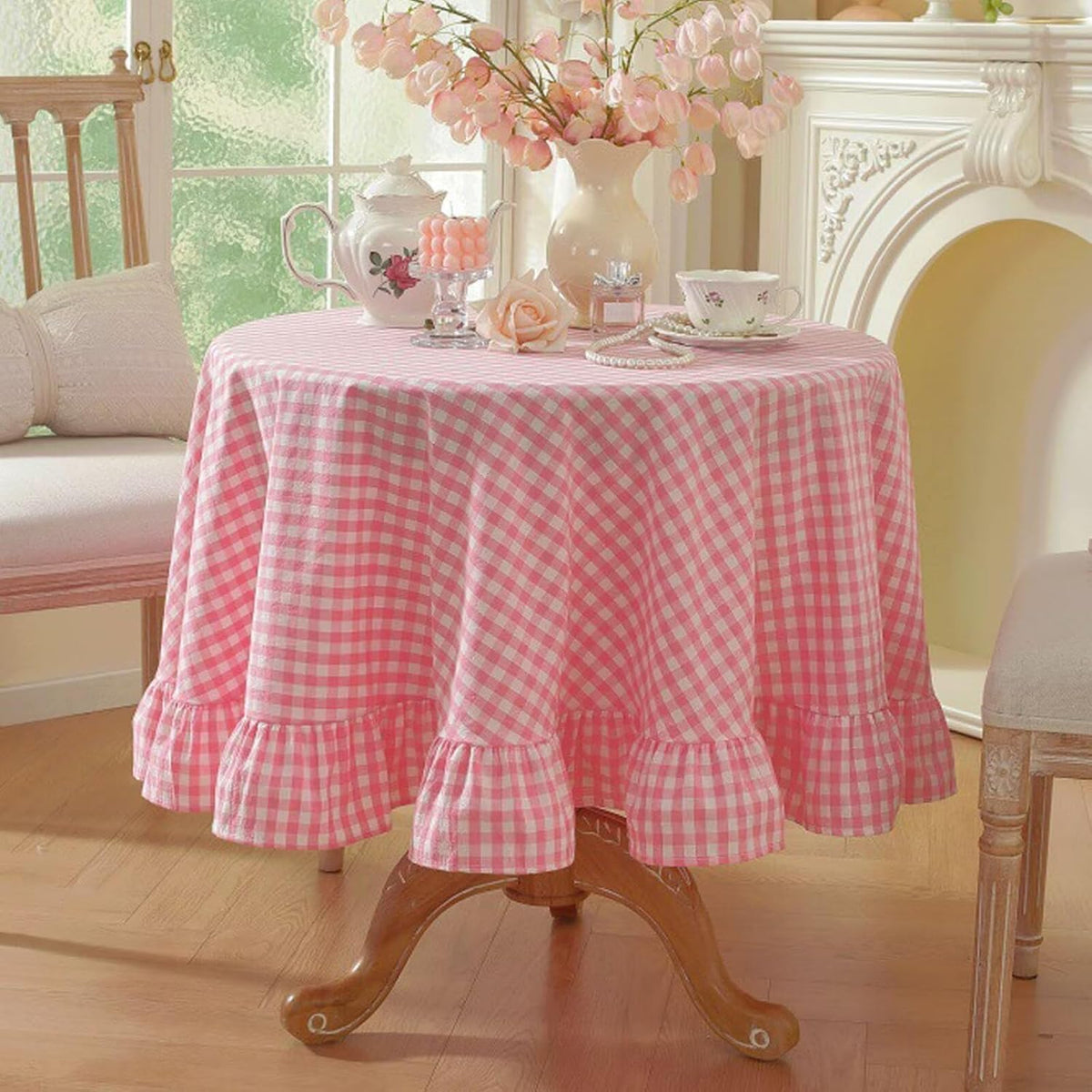 Ruffled Gingham Tablecloth Round Check Striped Washed Cotton Table Cloth